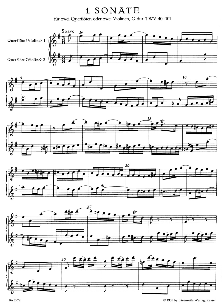Six Sonatas for two Violins (or two Flutes) Op. 2 TWV 40:101, 102, 104 - Telemann