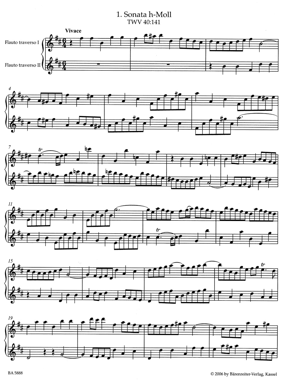 Neun Sonaten for Two Transverse Flutes without Figured Bass TWV 40:141-149 - Telemann