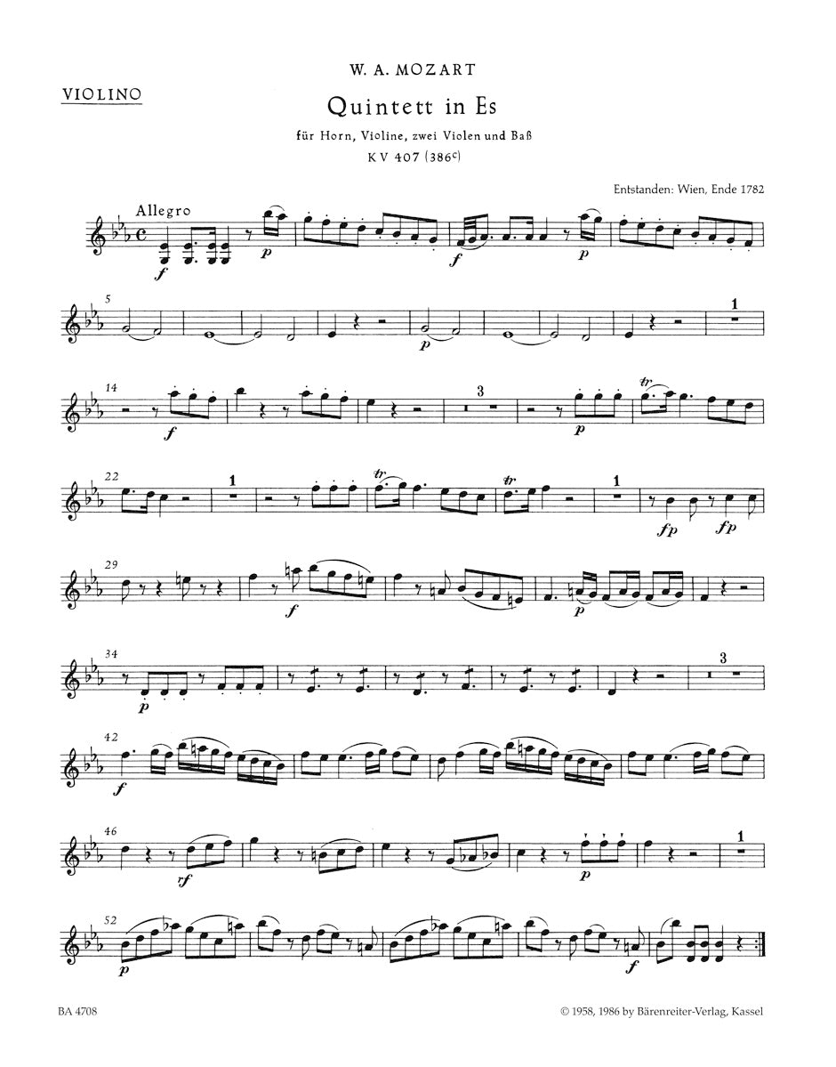 Quintet for Horn, Violin, Two Violas and Bass in E-flat major, K. 407 (386c)