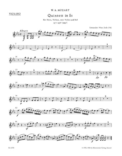 Quintet for Horn, Violin, Two Violas and Bass in E-flat major, K. 407 (386c)